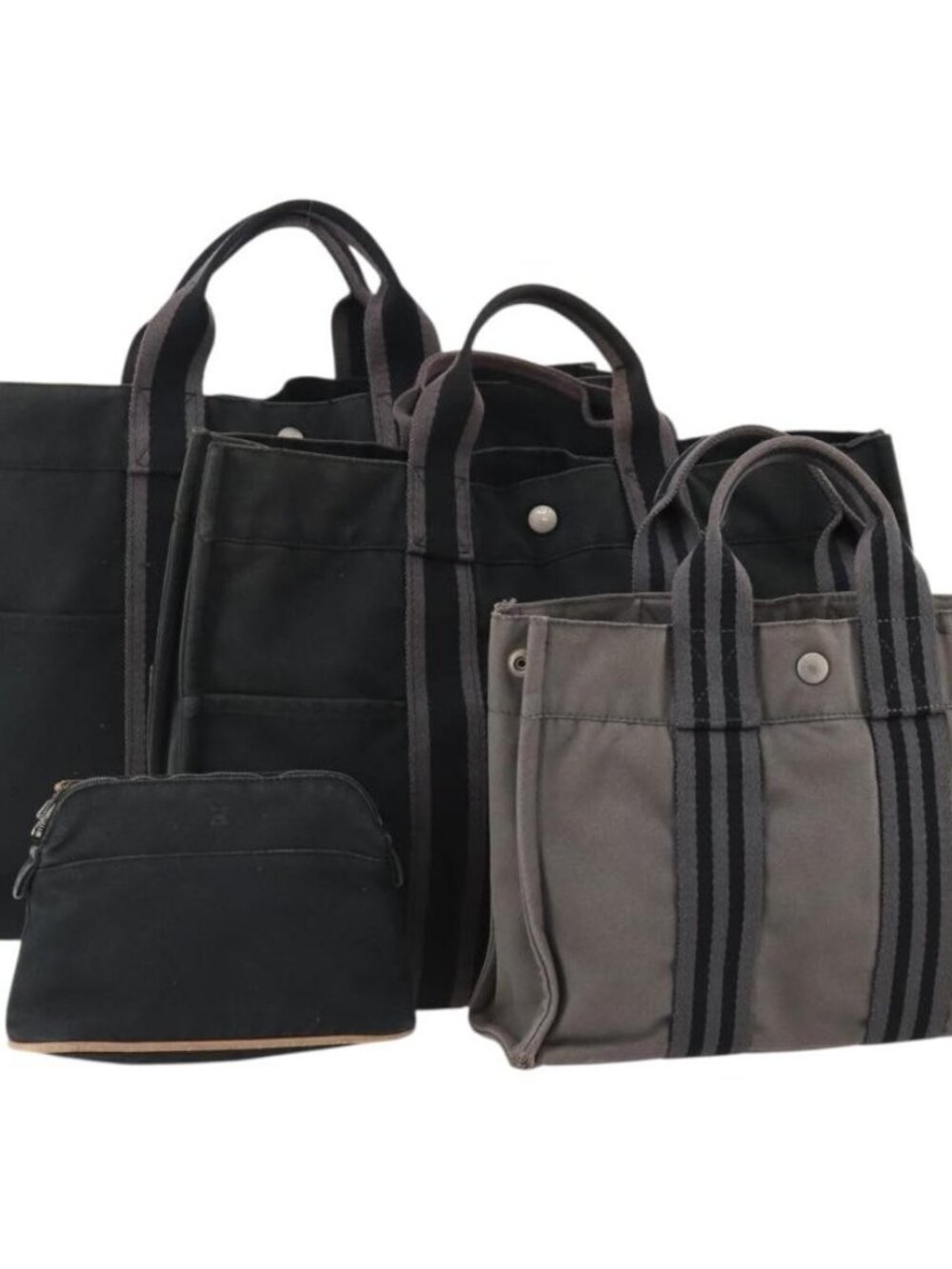 HERMES Tote Bag Canvas 4 Set Gray Black Auth ti3899